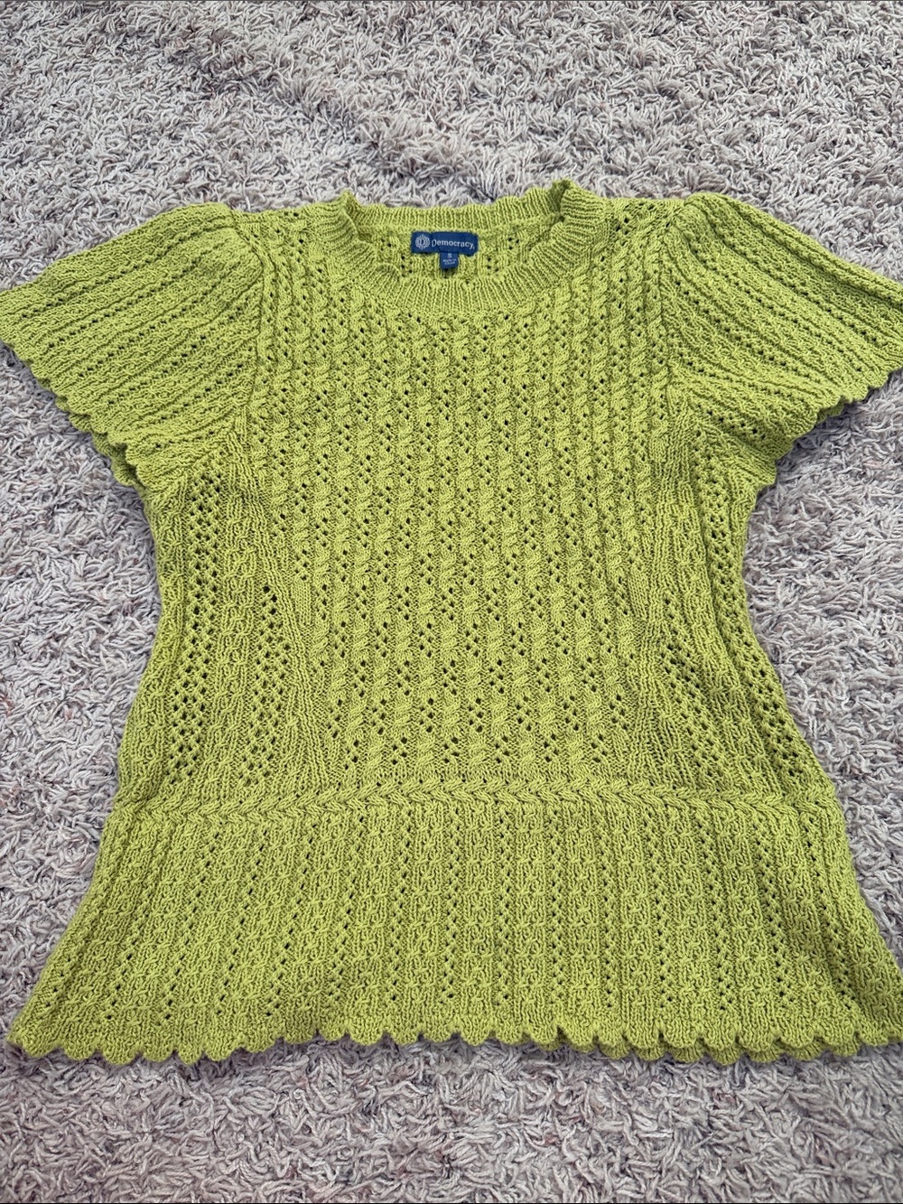 Democracy Lime Green Short Sleeve Openwork Knit Top. NWOT